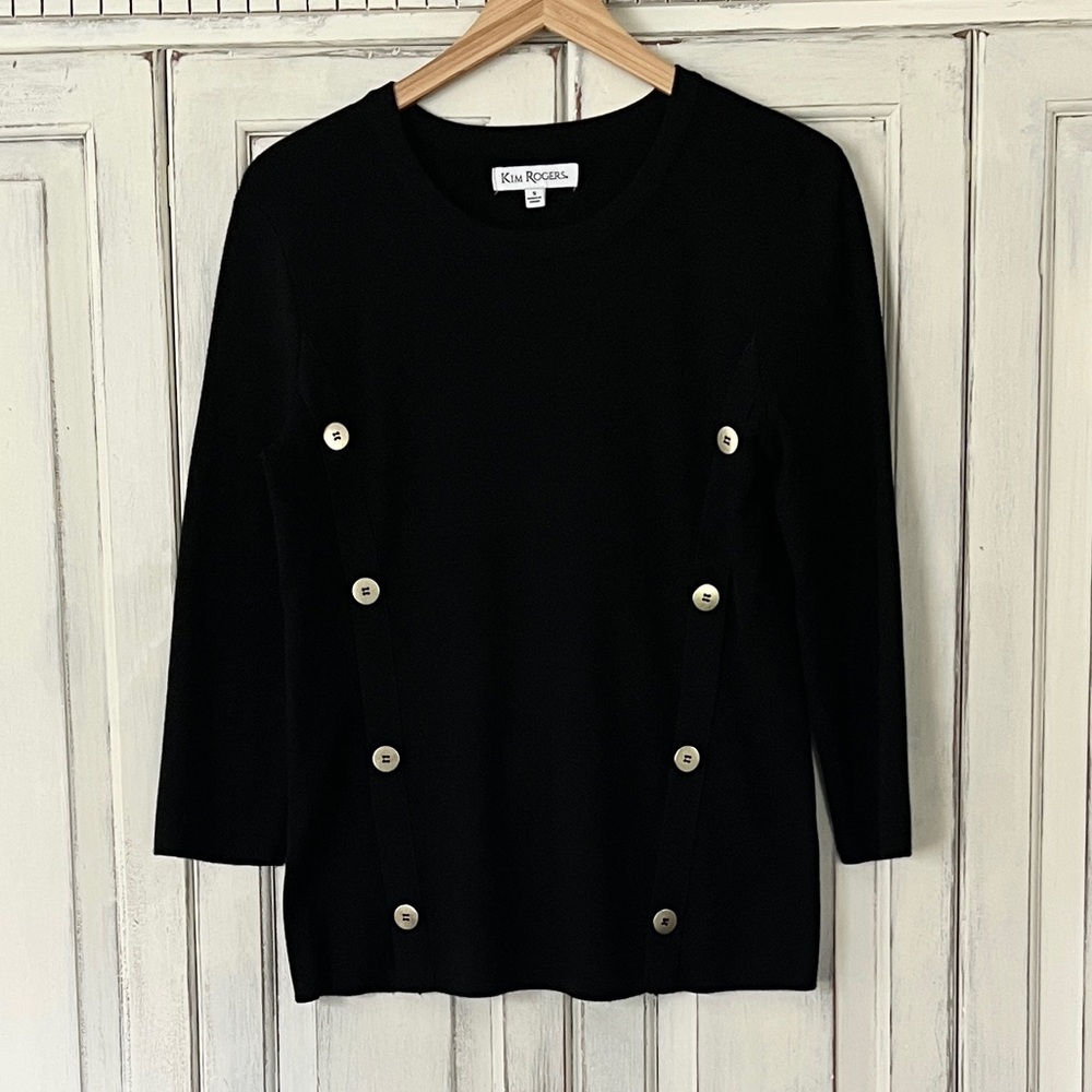 🟠KIM ROGERS 3/4 Sleeve Sweater with Gold Button Detail in Black SMALL